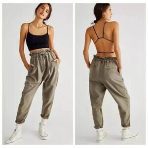 Free People Margate Sz XS Pleated Paper Bag Baggy High Waisted Trousers Green
